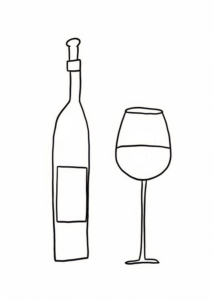 Wine bottle and wine glasse sketch drink line.