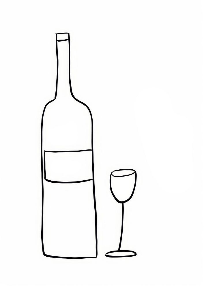 Wine bottle and wine glasse sketch drink line.
