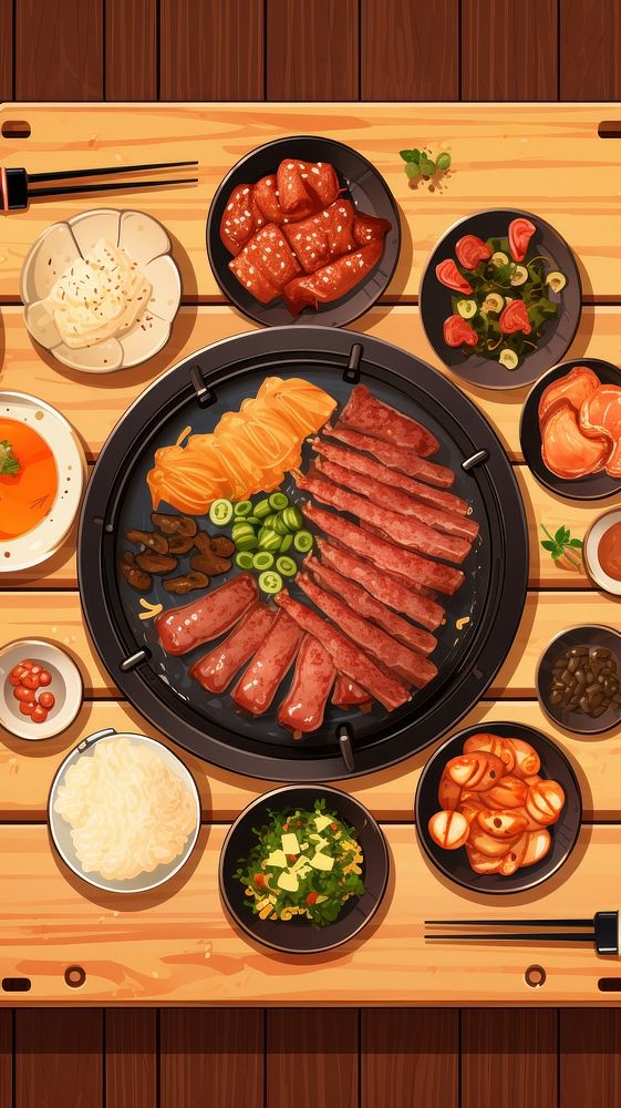 Traditional korean food barbecue table plate.