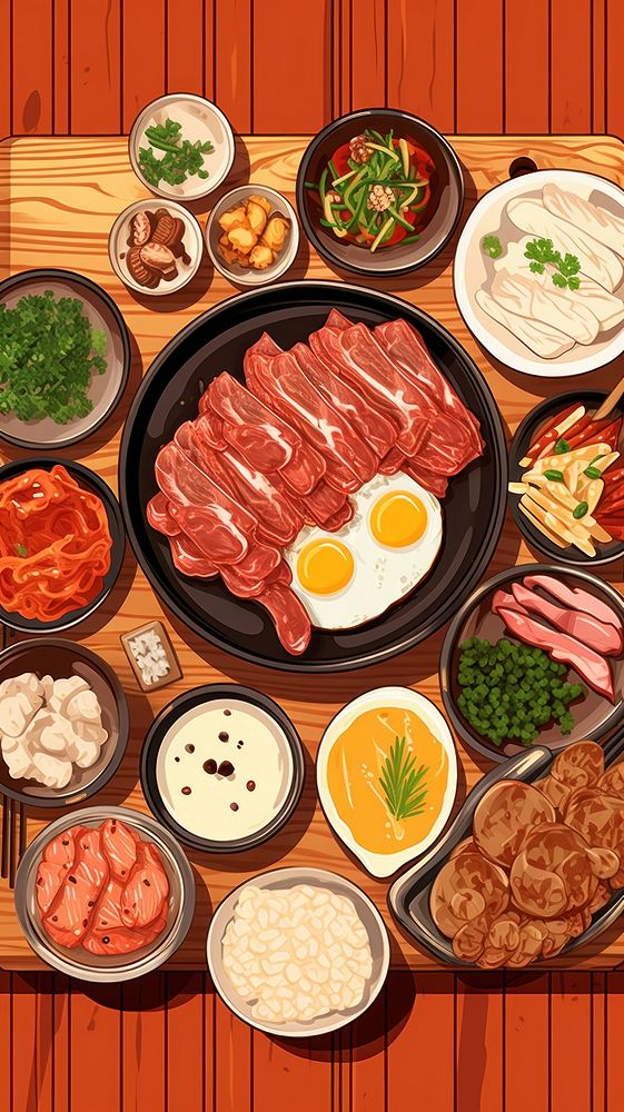 Traditional korean food pork dish table.