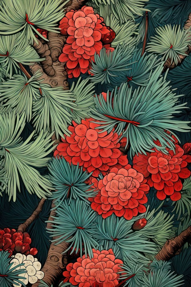 Wood block print illustration of pine pattern plant tree.