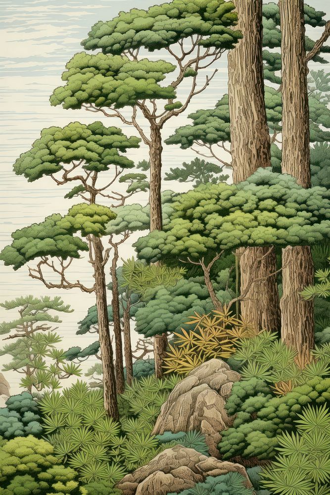 Wood block print illustration of pine outdoors woodland nature.
