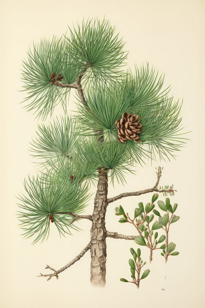 Wood block print illustration of pine plant tree pinaceae.