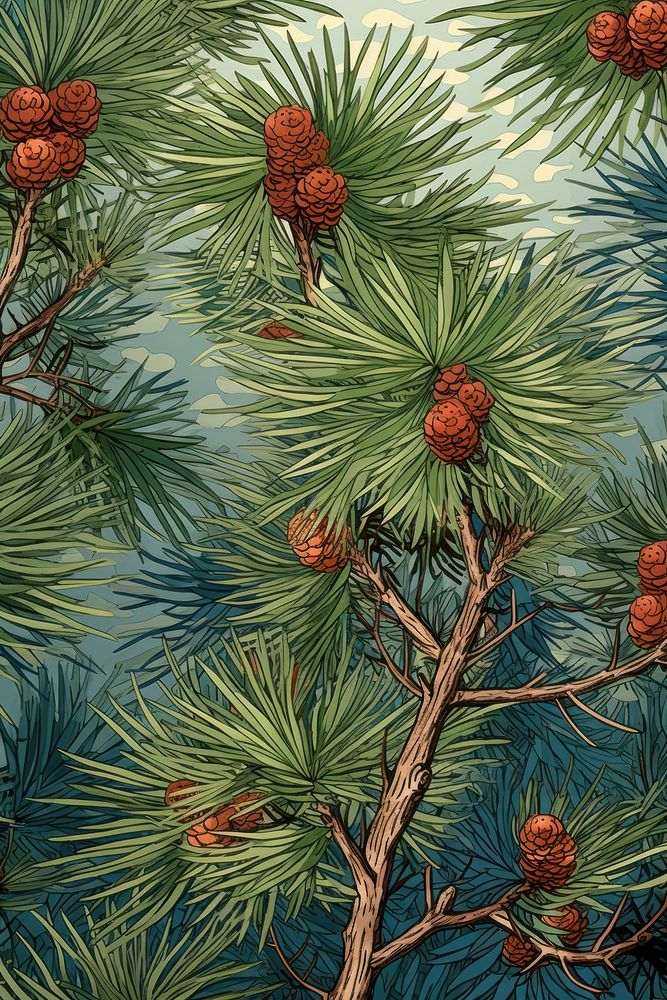 Wood block print illustration of pine plant tree art.