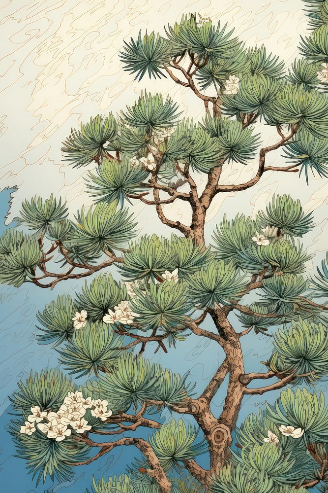 Wood block print illustration of pine drawing sketch plant.