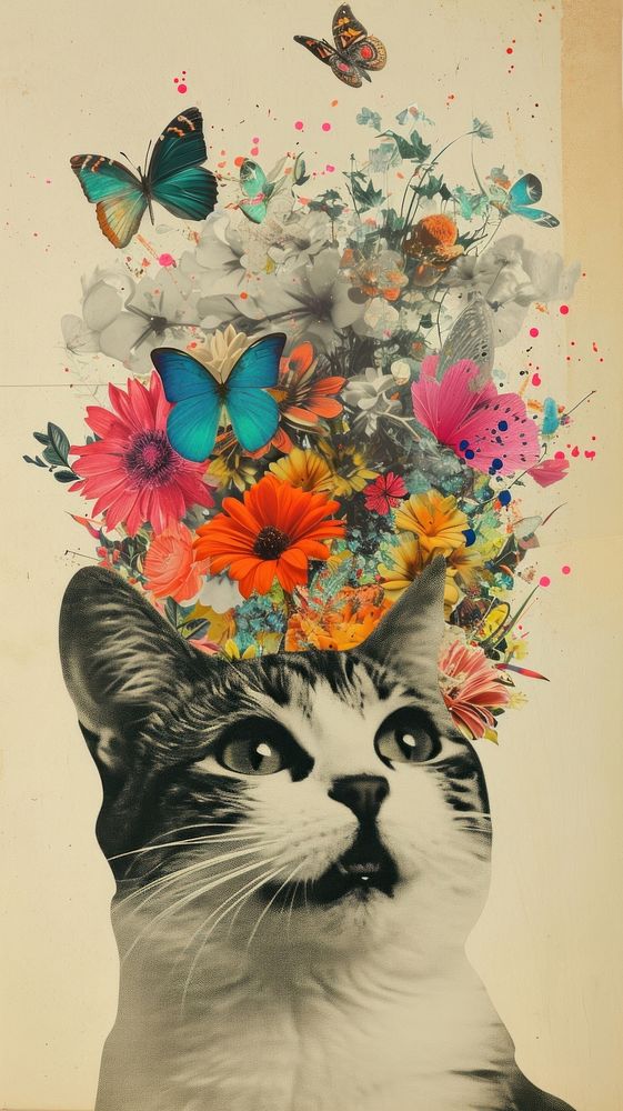 Dreamy Retro Collages whit a happy cat portrait painting pattern.