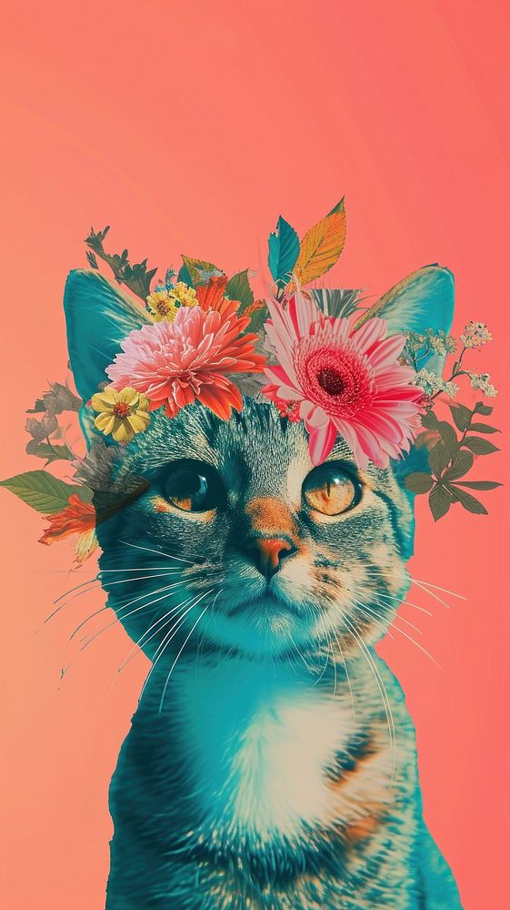 Dreamy Retro Collages whit a happy cat animal mammal flower.