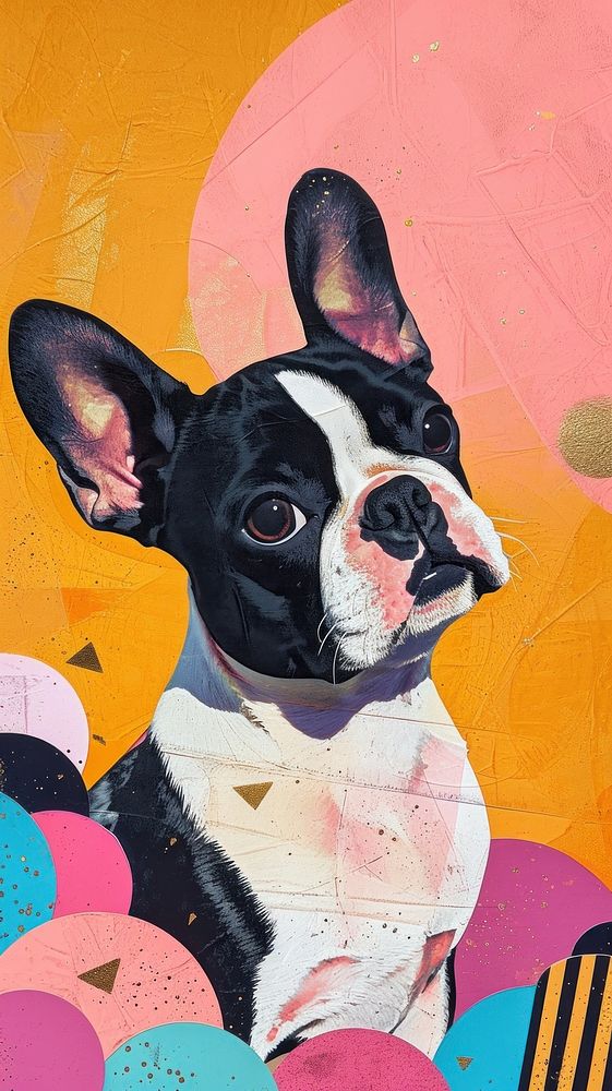 Dreamy Retro Collages whit a happy dog bulldog animal mammal.