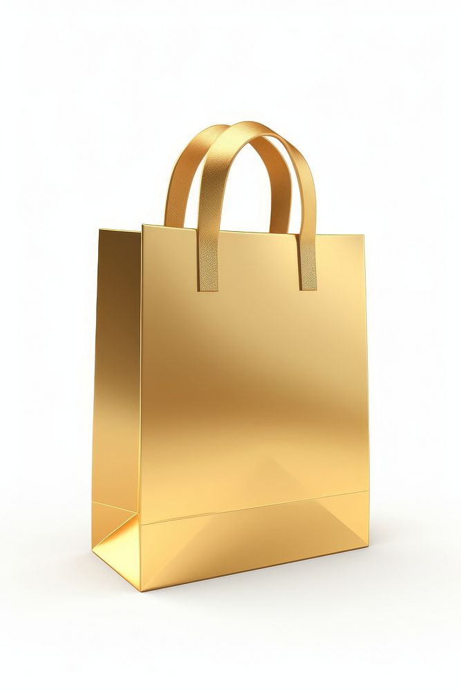A minimal shopping bag icon handbag gold white background.