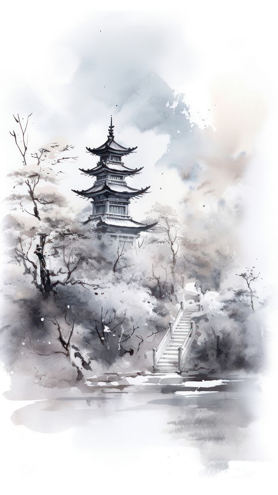 Architecture pagoda temple ink.