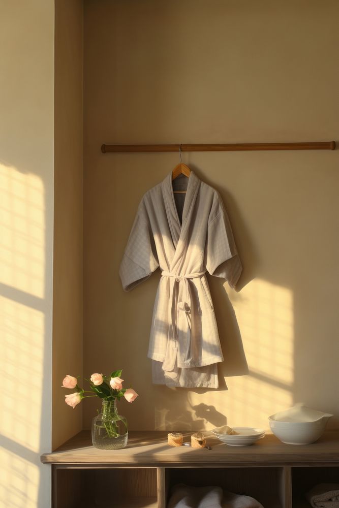 A bathrobe hangs over the wall of a bathroom art architecture coathanger. AI generated Image by rawpixel.