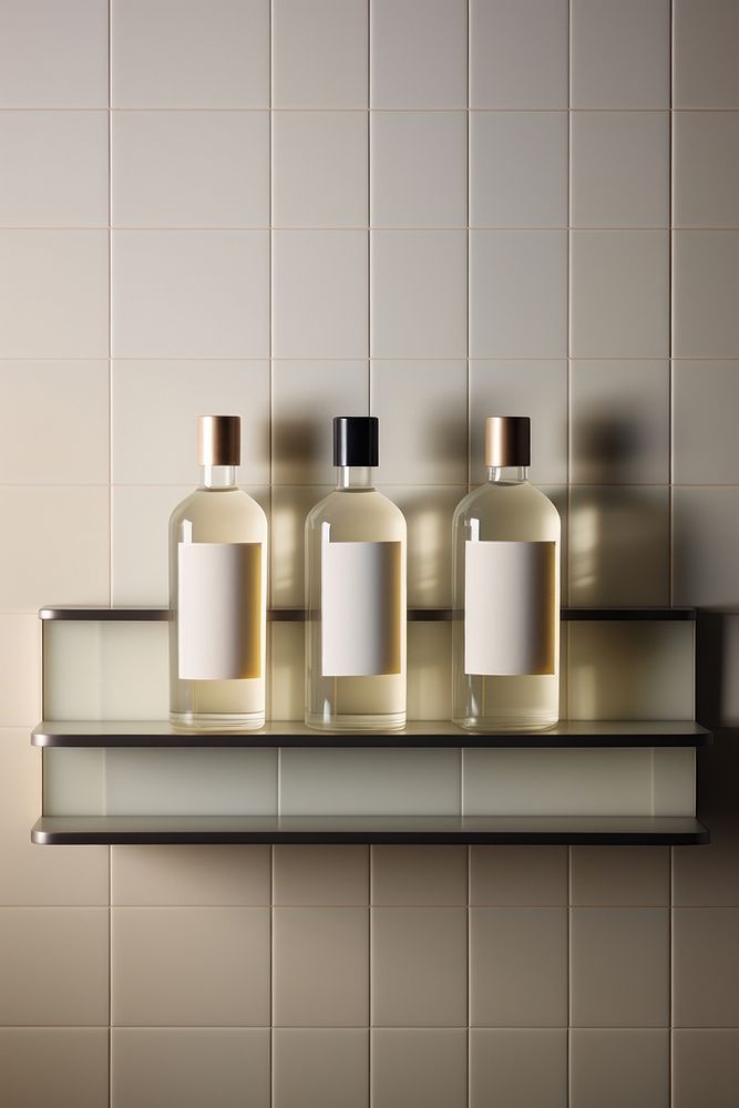 A bathroom shelf with three bottles on it architecture wall container. AI generated Image by rawpixel.