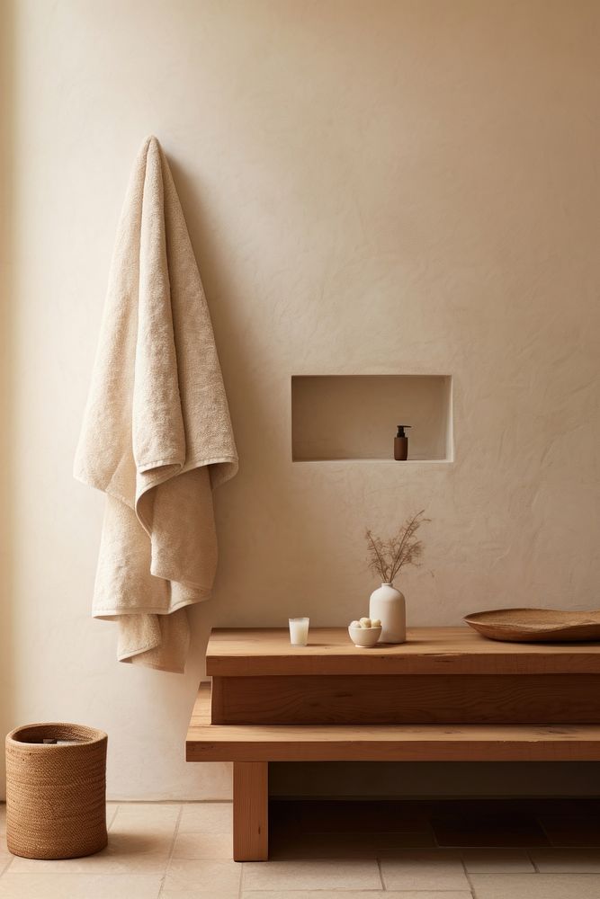 A beige robe hanging above a wall with a sink in the bathroom background towel architecture simplicity. AI generated Image…