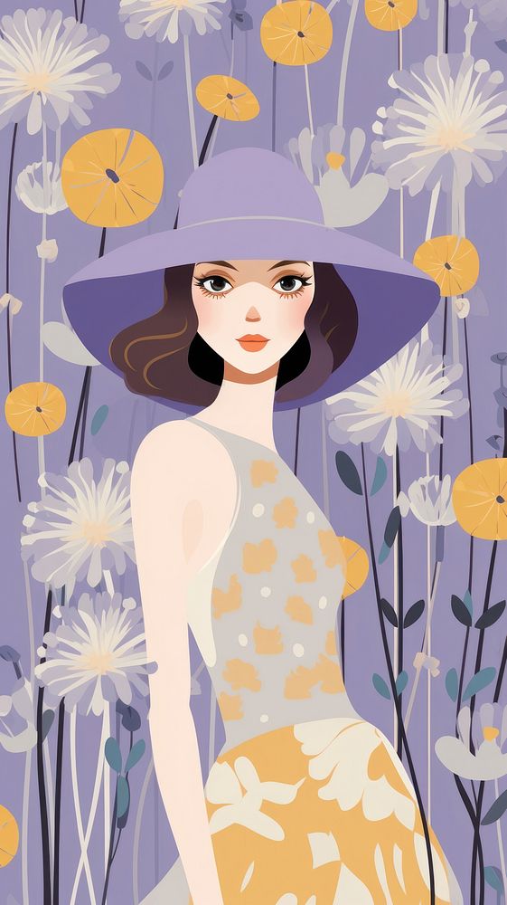  Girl with flowers pattern purple plant. AI generated Image by rawpixel.