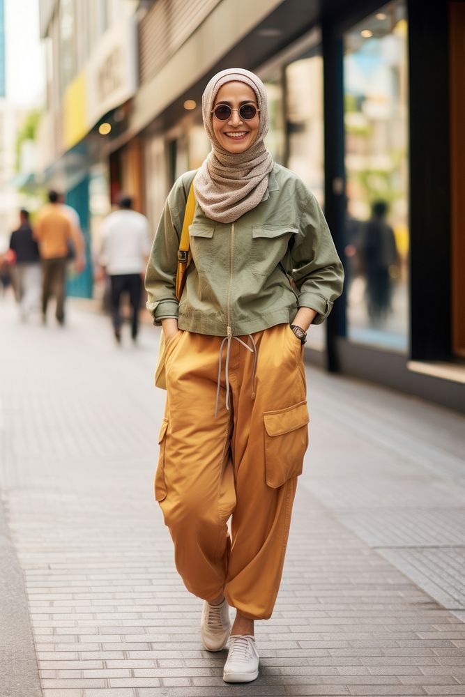 A joyful Middle east senior woman in streetwear standing adult architecture.