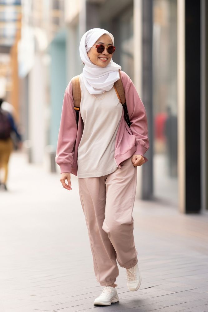 A joyful Middle east senior woman in streetwear standing walking scarf.