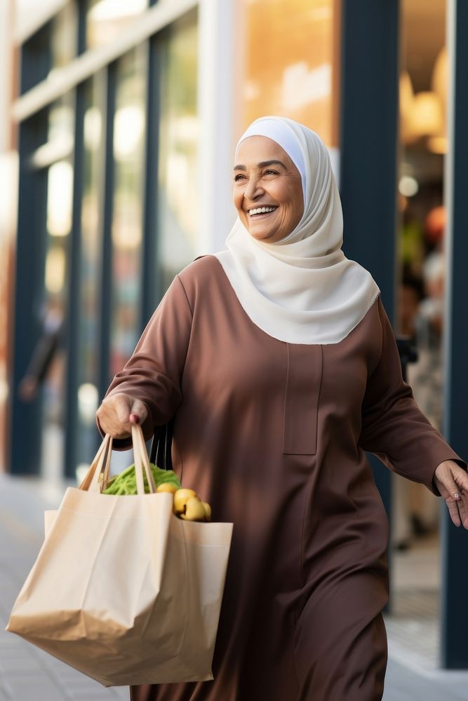 A joyful Qatari senior woman holding shopping basket adult bag architecture.