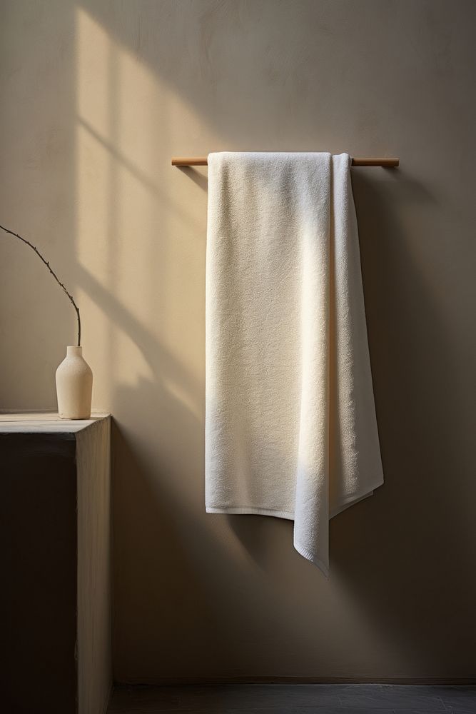 A rectangular towel that is beige with a hook architecture simplicity lighting. AI generated Image by rawpixel.