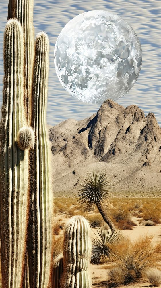 Desert cactus moon landscape astronomy.