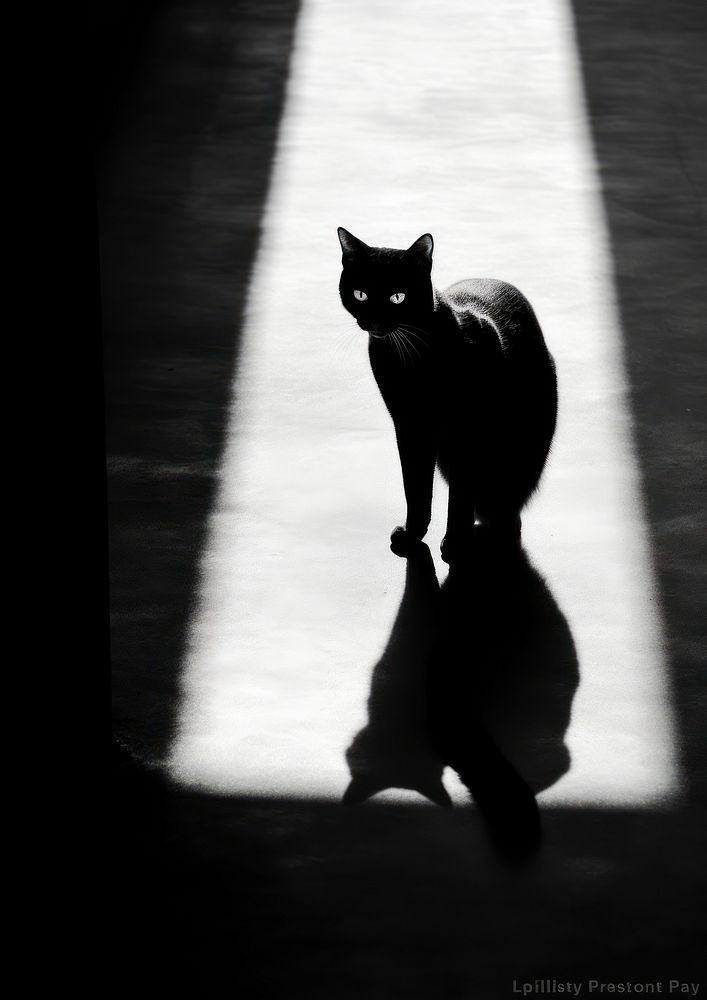 A cat looking at its shadow silhouette animal mammal.