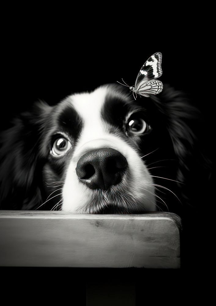 A dog with a butterfly on its nose photography portrait spaniel.