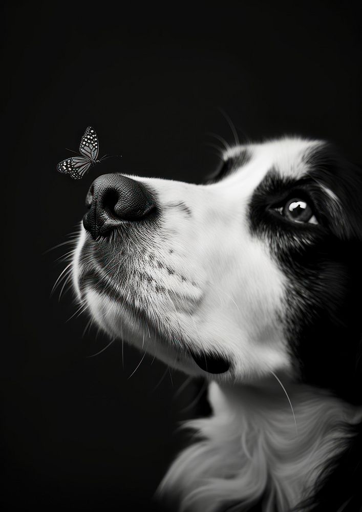 A dog with a butterfly on its nose photography portrait animal.