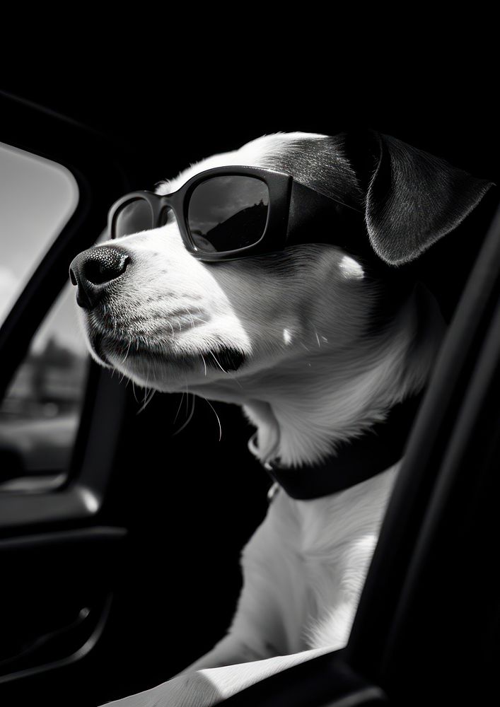 A dog wearing wind protected glass in the car sunglasses mammal animal.