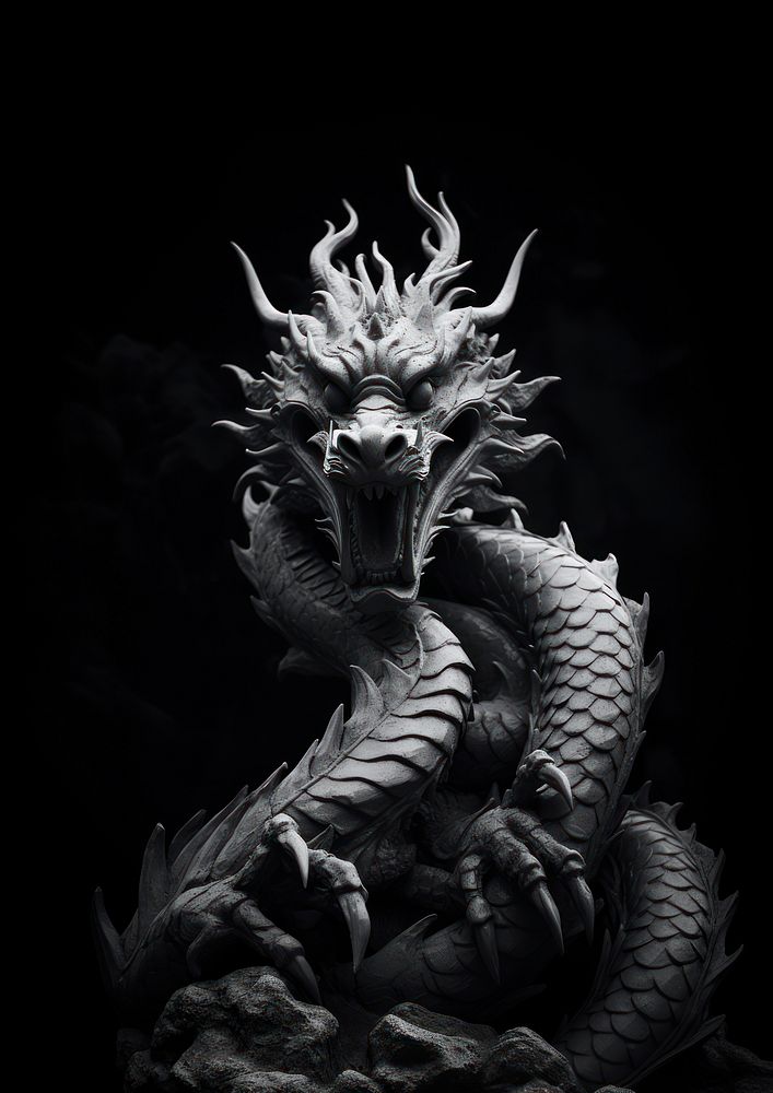 A dragon statue black white representation.