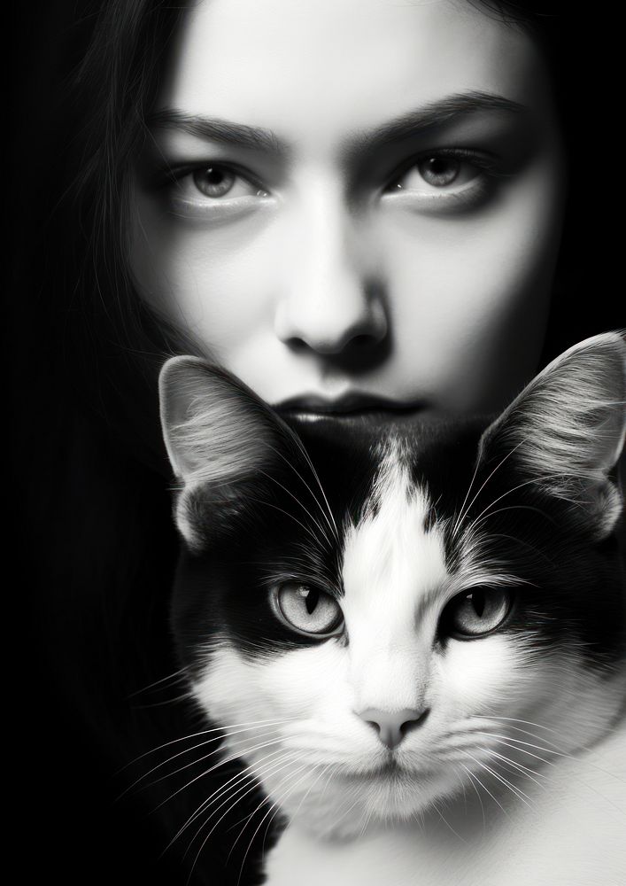 A half woman face on the left beside half cat face on the right photography portrait animal.