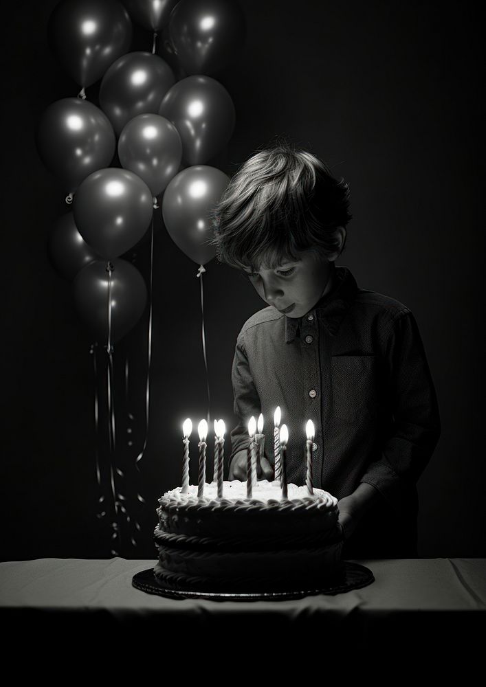 A kid blow a birthday candle on the cake dessert balloon party.