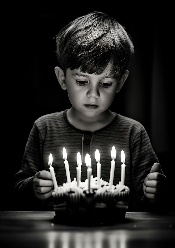 A kid blow a birthday candle on the cake dessert child black.
