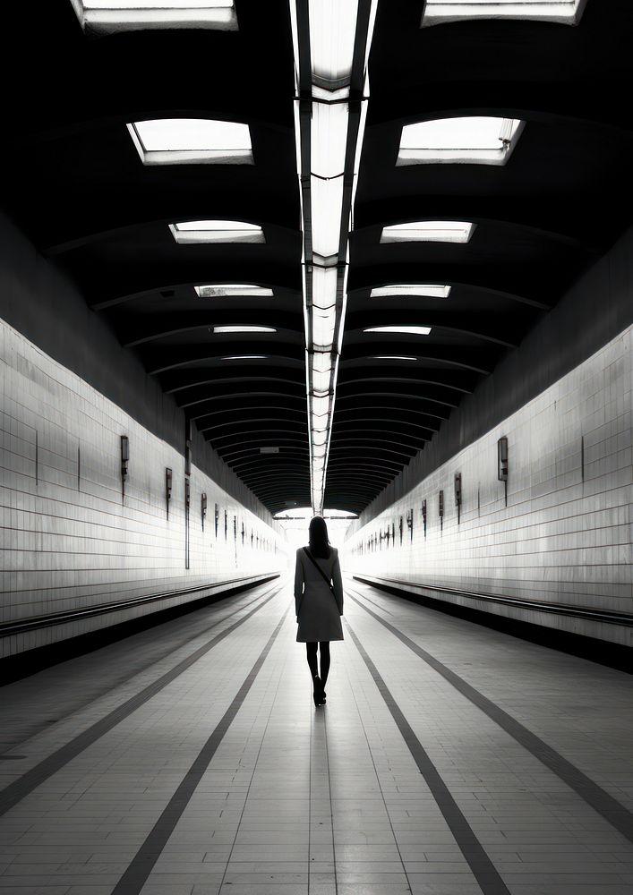 A woman at the metro train station walking motion tunnel.