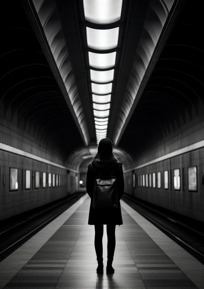 A woman at the metro train station walking subway tunnel.