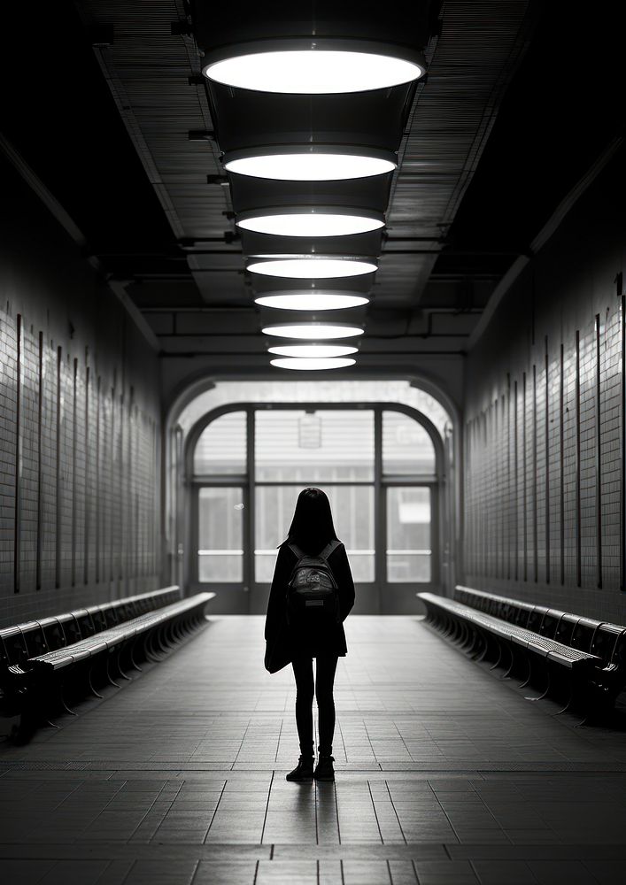 A woman at the metro train station architecture corridor building.