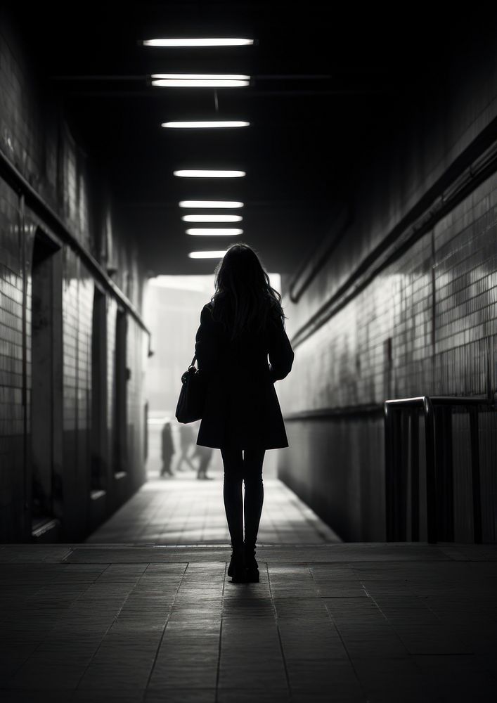 A woman at the metro train station architecture corridor walking.
