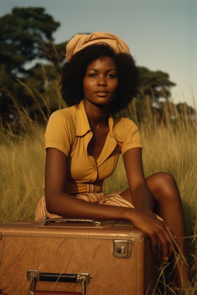 African woman travelling portrait sitting photo.