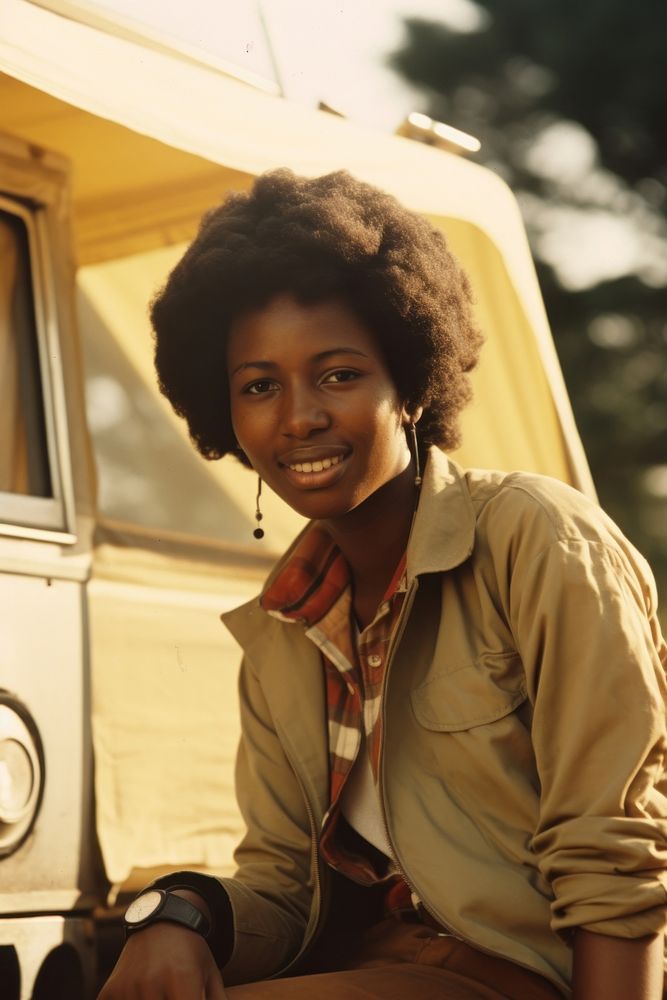 African woman travelling portrait vehicle smile.