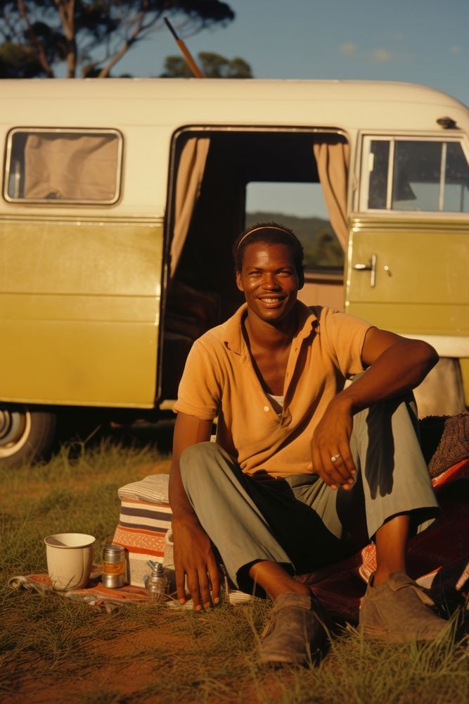 African man travelling portrait sitting vehicle.