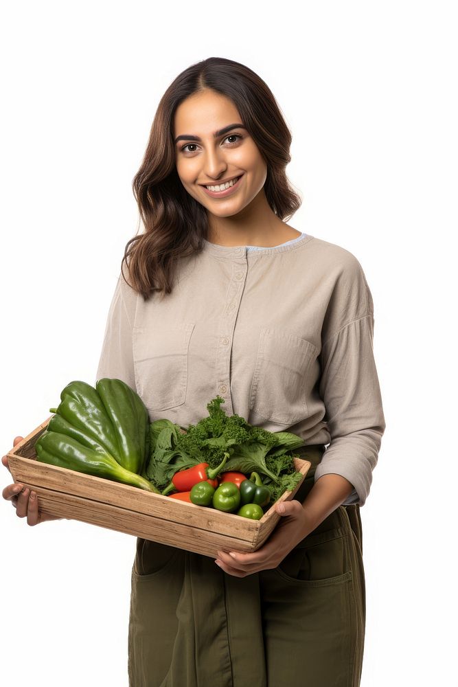 Iranian Woman holding vegetable wodden box adult plant woman.