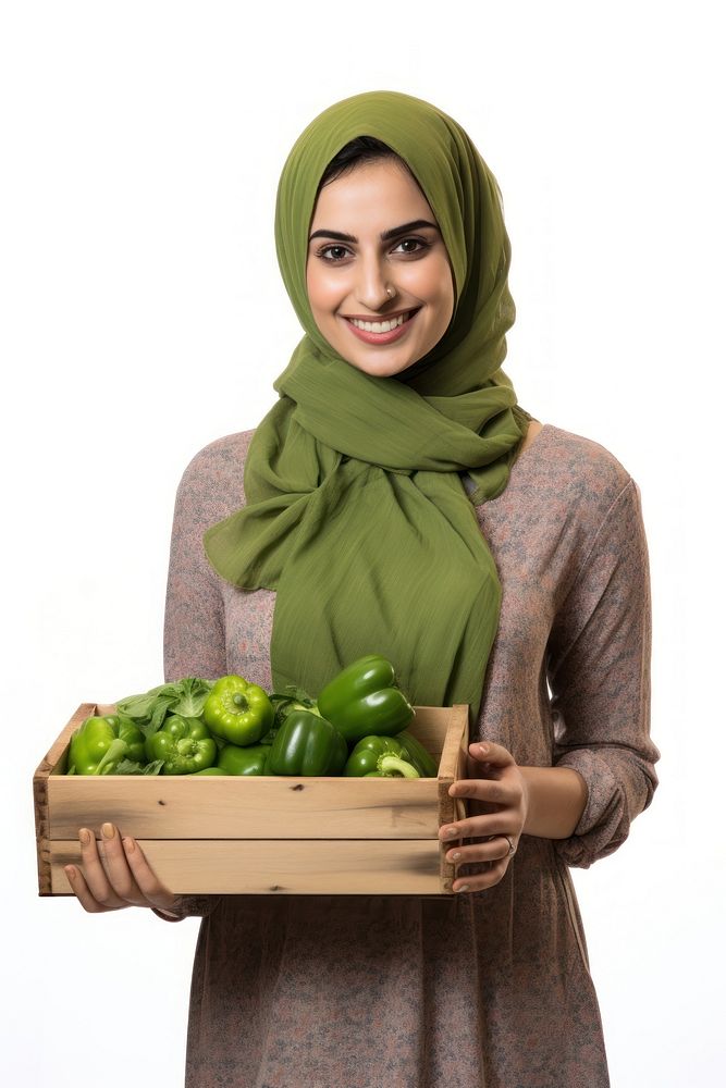 Iranian Woman holding vegetable wodden box scarf adult plant.