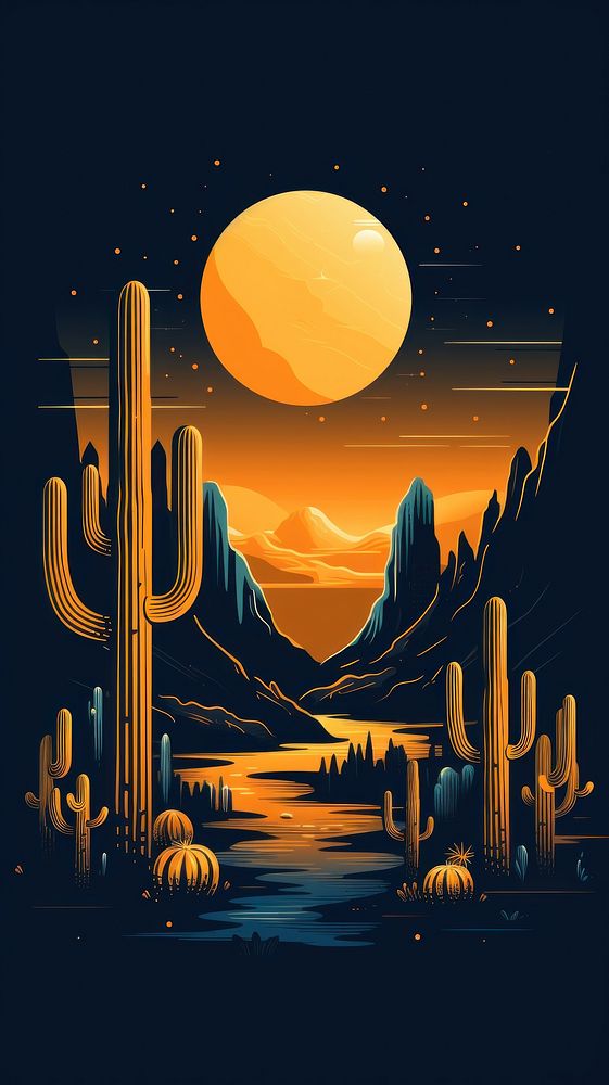Cactus oasis landscape night sky.