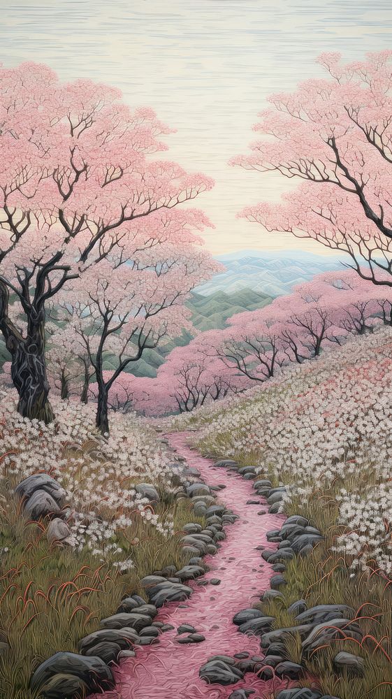 Illustration of a cherry blossom field landscape outdoors painting.