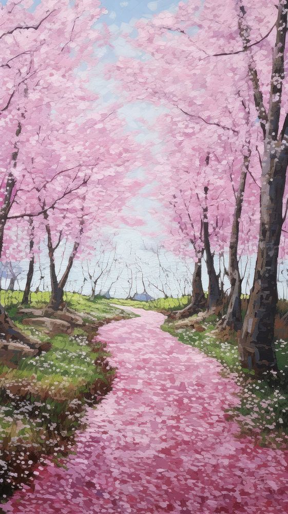 Illustration of a cherry blossom field land landscape outdoors.