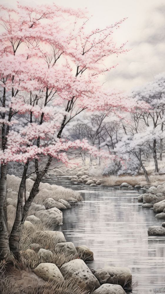 Illustration of a cherry blossom in Japan land landscape outdoors.