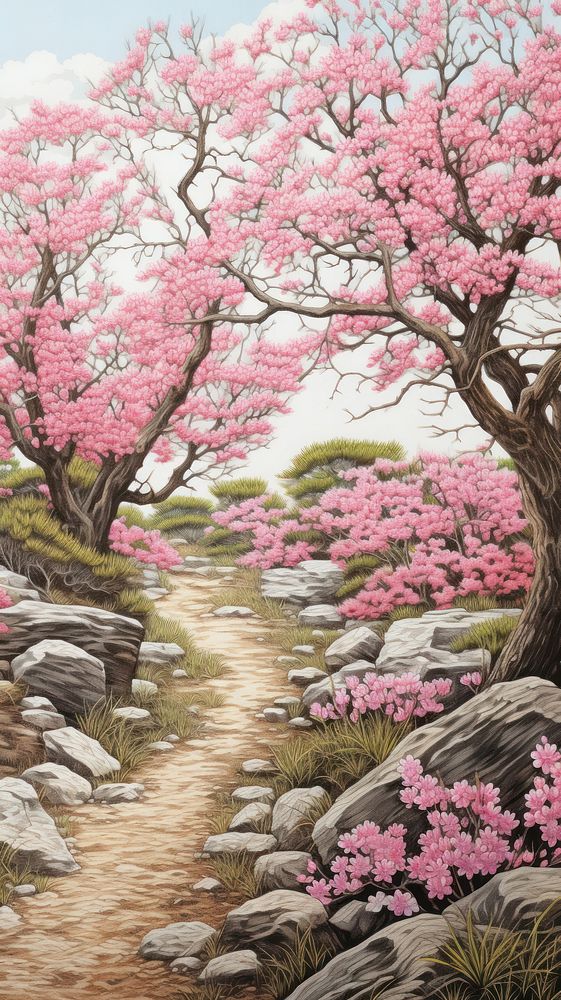 Illustration of a cherry blossom in Japan landscape outdoors painting.
