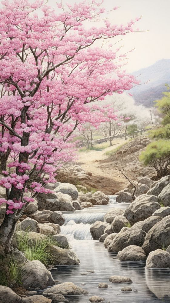 Illustration of a cherry blossom in Japan landscape wilderness outdoors.