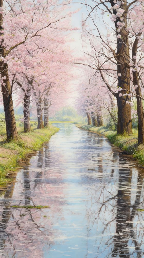 Illustration of a cherry blossom in Japan landscape outdoors painting.