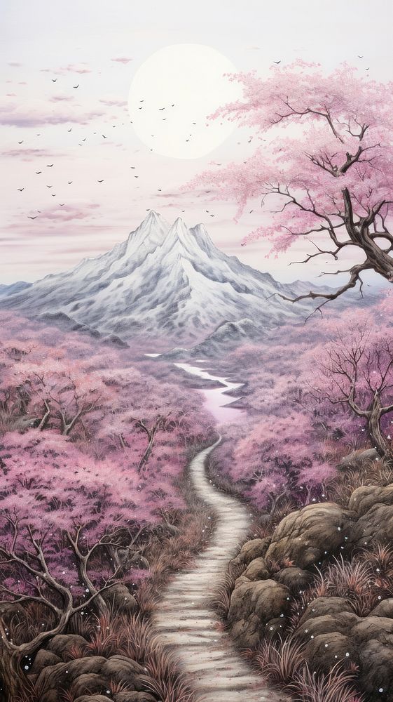 Illustration of a cherry blossom path to mountain landscape outdoors painting.