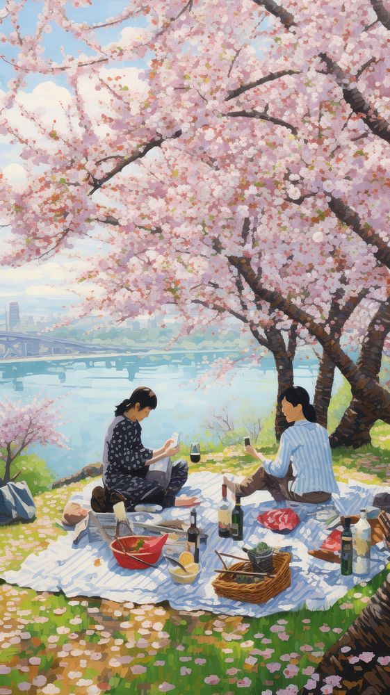 Illustration of a cherry blossom picnic outdoors flower nature.