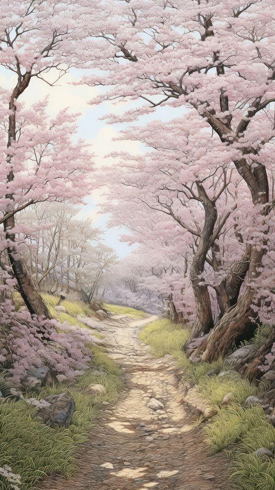 Illustration of a cherry blossom path landscape outdoors nature.